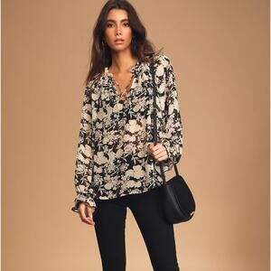 Lulus Moments with You Black and Cream Floral Print Long Sleeve Top